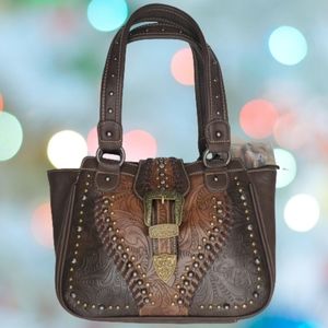 Montana West Brown Tooled Leather Conceal Carry Purse Handbag